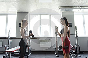 Two female friends using dumbbells for training arms at gym