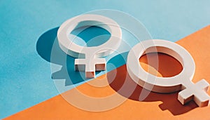 Two female gender symbols on a blue and orange background. Conceptual image