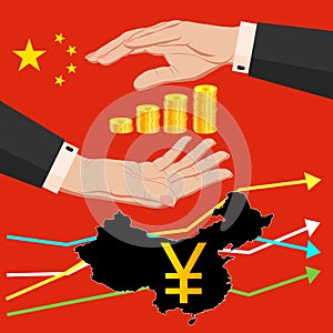 Two female hands around gold yuan, yen coins on the background of the map of China and the national flag