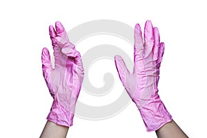Two female hands in pink rubber medical gloves on white background isolated closeup, doctor, nurse hands in latex protective glove