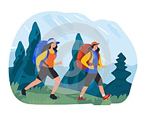 Two female hikers trekking through mountainous landscape, enjoying outdoor adventure, dressed photo