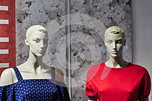 Two female mannequins in a shop window