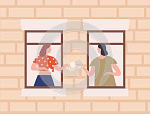 Two female neighbors drinking tea together vector flat illustration. Cartoon woman gossiping through window inside home