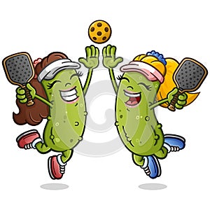 Two Female Pickle Cartoon Characters Giving a High Five on the Pickleball Court