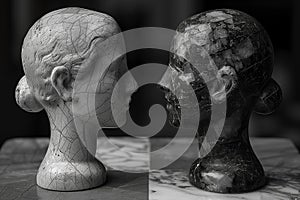 Two female sculptures black and white look at each other on the table