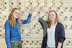 Two female students pointing at periodic table in chemistry less