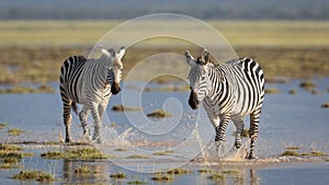 Two female zebra walking through water lying on the ground in warm afternoon light in Amboseli National Park Kenya