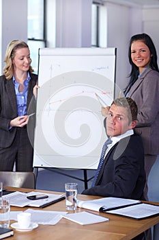 Two females present graph on flipchart