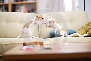 two ferrets chasing each other on sofa