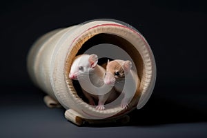 two ferrets meeting in the middle of a tube