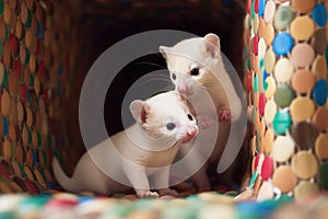 two ferrets playfully chasing each other through a tube maze