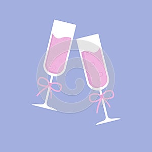 Two festive champagne glasses with bows. Vector illustration