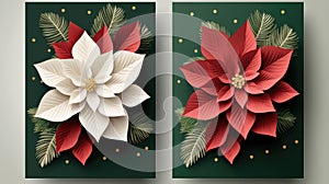 Two festive Christmas cards featuring beautiful red and white paper flowers. Perfect for holiday