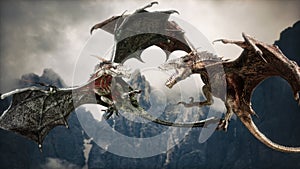 Two fierce Wyvern dragons attacking for territory high above the ancient mountains.