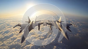 Two Fighter Jets Flying in Formation Over a Sea of Clouds at Sunset