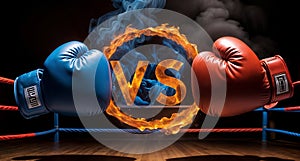 Two fighting boxing gloves facing each other in front of a fiery text word VS versus.