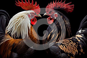 two fighting roosters stand close to each other at cockfights photo