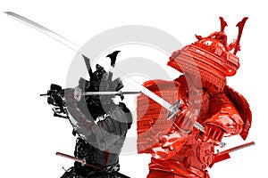 Two fighting samurai. Isolated over white background. 3D Rendering