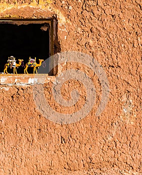 Two figures of camels on the window, Ait-Ben-Haddou, Morocco