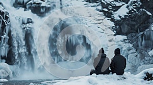 Two figures sit on a snowcovered ledge backs to the camera taking a moment to rest and savor the breathtaking view