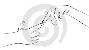 Two fingers touch each other. Relationship of two people, line drawing