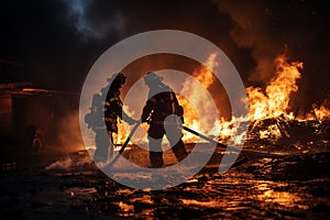 Two firefighters fighting a fire with a hose and water