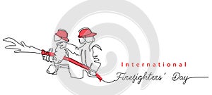 Two Fireman with hose in red helmets. Lettering International Firefighters day.One continuous line drawing vector