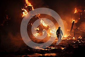 Two firemen combat blazing scrap fire silhouette
