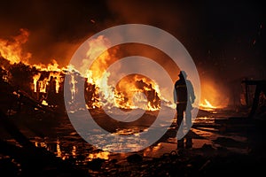 Two firemen combat blazing scrap fire silhouette