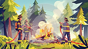 Two firemen extinguishing a forest fire with hoses. A modern illustration of two female characters in uniform dousing