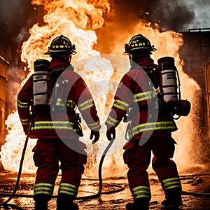 Two firemen standing in front of a burning building at night.