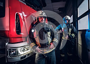 Two firemen wearing protective uniform standing next to a fire truck in a garage of a fire department.