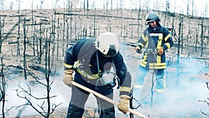 Two firemen are working in the woodland fire zone