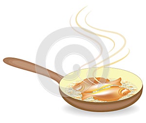 Two fish with onions are fried in a hot frying pan. Tasty and nutritious food. Suitable for breakfast, lunch or dinner. Vector