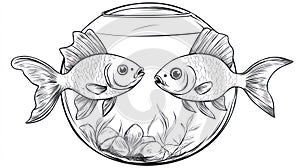 Two Goldfish Face to Face in a Black and White Fish Bowl with Rocks and Plants