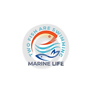 Two fish are swimming logo, marine life design template