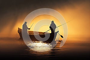Two fishermen in boat at sunrise lake or river. Generative AI