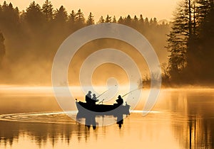 Two fishermen fishing in a misty and sunny lake.