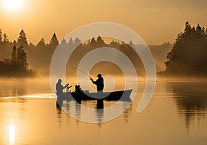 Two fishermen fishing in a misty and sunny lake.