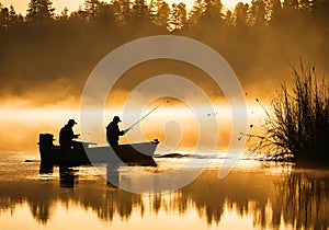 Two fishermen fishing in a misty and sunny lake.