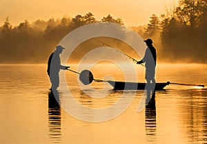 Two fishermen fishing in a misty and sunny lake.