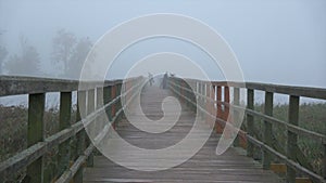 Two fishermens silhouette and crow in misty morning on old wooden lake bridge
