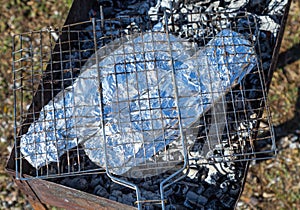 Two fishes in foil gnaw on the grate on coals in the fresh air