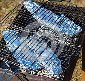 Two fishes in foil gnaw on the grate on coals in the fresh air