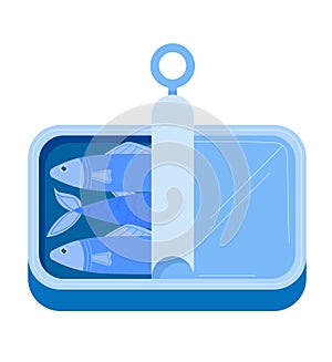 Two fishes in a tin can with ring pull top. Graphic of canned food, preserved sardines or mackerel. Seafood packaging