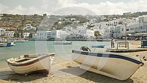 Two fishing boats on the beach in the town of chora, mykonos