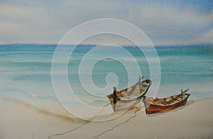 Two fishing boats on the beautiful beach with blue sea