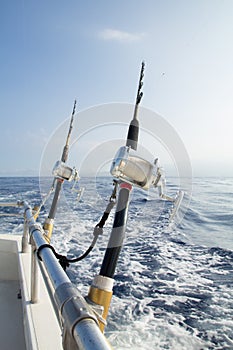 Two fishing rigs tethered to rail