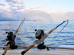 Two fishing rods held in fishing rod holders, attached to a back of a boat. The rods are bent from the weight of the down riggers