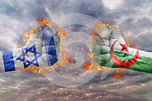 Two fist with the flag of Israel and Alegria faced at each other photo